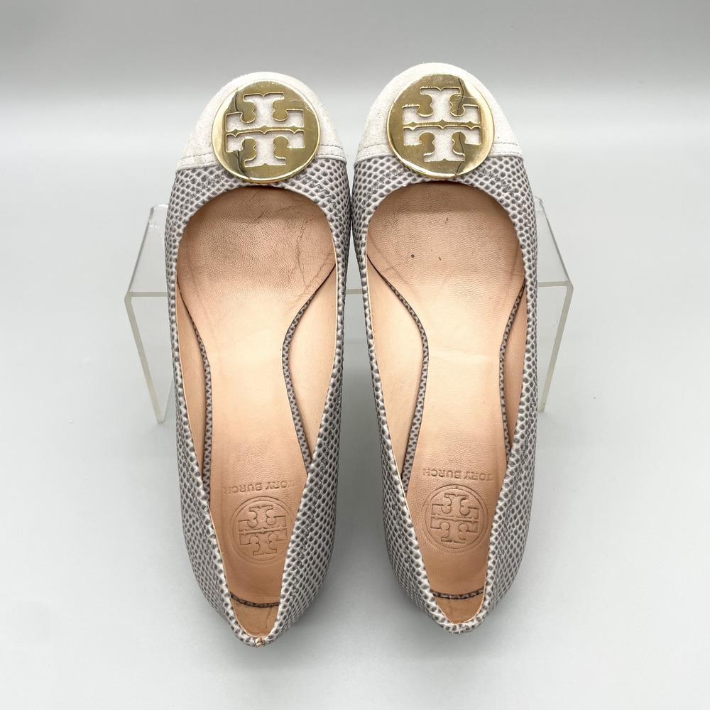 Tory Burch Serena Womens 7M Grey Snake Print Leather Ballet Flats Logo Preppy - Picture 7 of 12